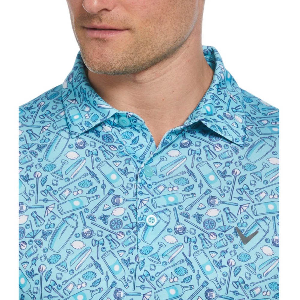 Callaway Teal Limpet Shell All Over Drinks Print Short Sleeve Golf Polo Size XXL